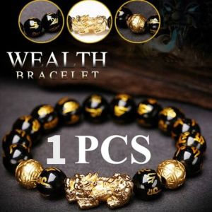 Corinna Cleanse Feng Shui Piyao Valentine Bracelet Chinese Dragon Pixiu Obsidian Stone Lucky Blessed Beaded Bracelet Women Men Gift Wristband Black Wealth