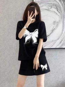 Summer New Arrival Online Influencer Bow Print Short Sleeve Shorts Two-piece Set Younger Sports Loose Loungewear Suit Women