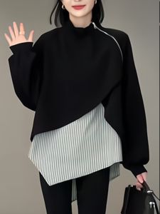 Fashionable Casual High Collar Hoodie Womens Autumn 2025 Uneven Splicing All-Match Hoodie Korean Style Commute Long Regular