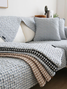 ที่รองนั่งโซฟาแบบญี่ปุ่นผ้าฝ้ายแท้ ที่รองนั่งแบบเรียงตรงกันได้ทุกฤดูกาล ป้องกันการลื่นไหล ผ้าคลุมลายสก็อตสดใหม่