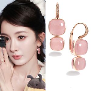 Elegant Ladies Pink Crystal Candy Colored Earrings Fashionable Minimalist Style Copper Material Fashion Jewelry Accessory
