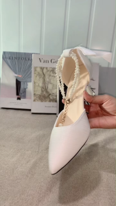 French Pointed Toe Kitten Heels Lace Pearl Shiny Slingback Heels