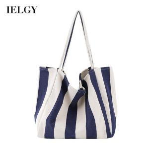 IELGY womens korean style retro simple striped canvas large capacity shoulder bag