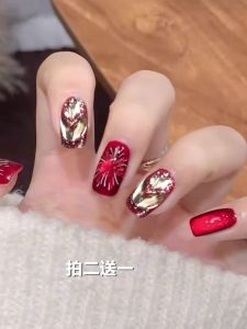Red Short Wearing Nail Art New Year Wealth Explosion Finished Product Firework Design False Nails Patches Chinese Brand