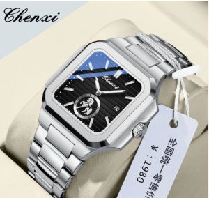 CHENXI นาฬิกาสแตนเลสสตีลผู้ชายหนังแท้สำหรับผู้ชายนาฬิกาควอตซ์ทรงเหลี่ยมกันน้ำปฏิทินเรืองแสง