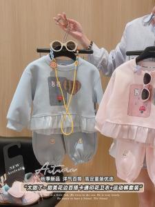 ชุดสองชิ้นสุดน่ารักสำหรับเด็กผู้หญิง ชุดสเวตเตอร์และกางเกงขายาว แฟชั่นฤดูใบไม้ร่วง ผ้าฝ้าย ปกตั้ง แขนยาว คอตั้ง