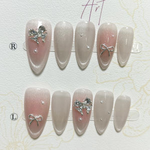 Cute Pink Blush Almond Handmade Press On Nails Gentle Sweet Soft Girl Fake Nails 3D Bow Pearl Diamond Cat Eye Glitter Nail Art