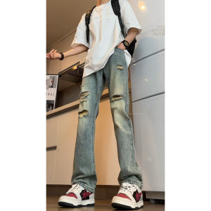 กางเกงยีนส์ทรงตรงทรงสลิมฟิตสไตล์อเมริกันย้อนยุคสำหรับผู้ชาย กางเกงขายาวทรงหลวมบางๆ ทรงหลวมๆ ทรงหลวมๆ ทรงหลวมๆ