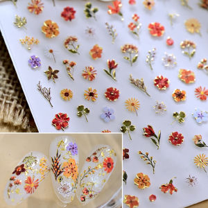 1Pcs 5D Gold Foil Dried Flower Nail Art Sticker Colorful Wildflowers Self-Adhesive Nails Decals Elegant Florals Manicure Sliders