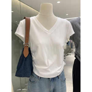 K-style Pure Color Shoulder Silm V Neck Short-Sleeved T-shirt Womens Summer Stylish Niche Style Pleating Waist Trimming Short Top Clothes