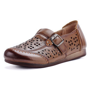 CHMOZYF Women Genuine Leather Mary Jane Shoes Hollow Women Retro Loafers Vintage Ladies Casual Daily Walking Flat Shoes
