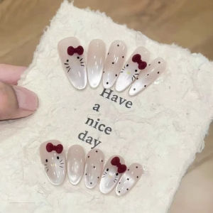 Delicate Red Bowknot Velvet Cat Eye Nail Art Luxury Sensation White Enhancing Long Medium Handmade Nail Art Cute Little Kitten
