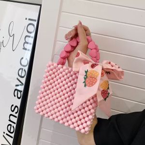 กระเป๋าถือ DIY ทำมือ ลูกปัดรูปหัวใจ วัสดุ ABS กระเป๋าถือสไตล์เกาหลี สีสันสดใส กระเป๋าถือขนาดกลาง