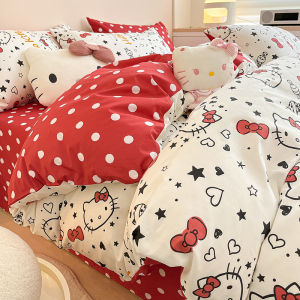 HelloKitty Pure Cotton Bedding Set Cute Cartoon Kitty Duvet Cover Sheet Student Children Three Piece Set Four Piece Set