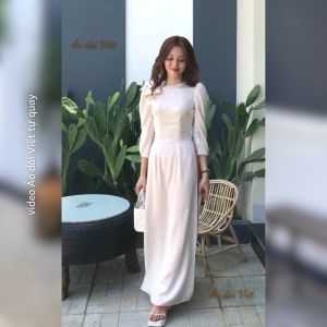 Áo dài tay phồng màu trơn đính nơ tiểu thư lụa cao cấp truyền thống giáo viên công sở may sẵn - Áo dài Việt
