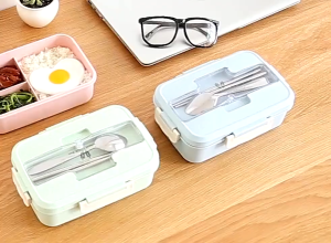 Wheat Straw Lunch Box Single Layer Student Lunch Box With Utensils