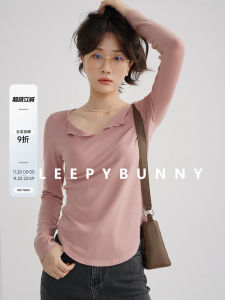 Sleepy Rabbit Long Sleeve T-Shirt Womens Casual Slim Fit V-Neck Top Spring Autumn Small Size Base Shirt Simple Leisure Upper Apparel