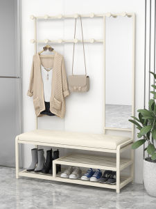 Modern Minimalist Integrated Shoe Bench Coat Rack with Mirror Storage Combination Stand Metal Leather Seat Home Entrance Cabinet