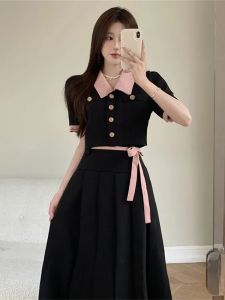 Dopamine Boost Short Halter Neck Dress Set for Pear Shaped plus Size Women Slimming Meat Covering Two Piece Summer Fashion Set