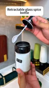300ML Glass Spice Jar Seasoning Bottle Condiment with Retractable Spoon