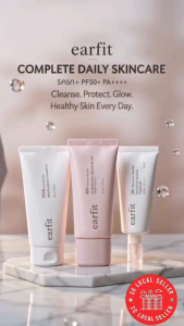 Earfit Complete Daily Skincare Set | BIOM CERA Cleanser 150g + UV Moisture Sun SPF50+ PA++++ 50g + Tone Up Sunblock 40ml