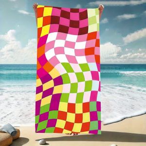 Rainbow Wavy Checkerboard Print Beach Towel Retro Y2K Colorful Warped Grid Soft Quick Dry Absorbent Large Swim Towel for Summer