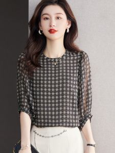 เสื้อเชิ้ตผ้าชีฟองหลวมๆ สำหรับผู้หญิง แขนสั้น ทรงเข้ารูป เอวสั้น ทรงเข้ารูป ฤดูร้อน 2025 แขน 7 ส่วน เสื้อคลุมท้อง