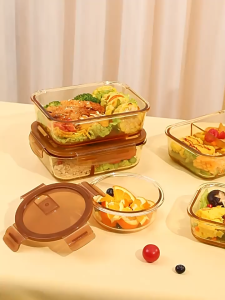 1040ML Microwave Safe Glass Lunch Box Leakproof Glass Container Lock Bekas Makanan Lunch Box 饭盒 琥珀色玻璃便当盒