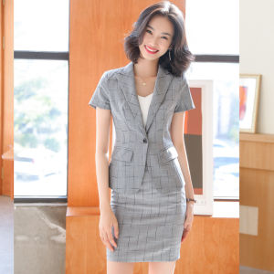 RYRYSTYLE Professional Black Plaid Suit Set for Women Short Sleeves Summer New Jewelry Shop Beautician Work Suit Dress Formal Dress 1309 Blazer