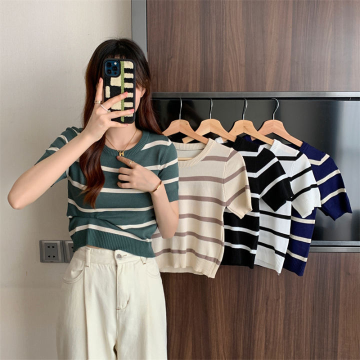 เสื้อยืดลายทาง เสื้อยืดไหมพรม แขนสั้น ทรงหลวม ลายทาง สไตล์วินเทจ แฟชั่น ...