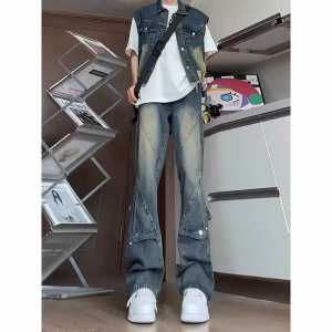 American Retro Blue Button Denim Pants Wide Leg Loose Fit Trendy Mens High-End Feelings Straight Slim Micro Flared Pants