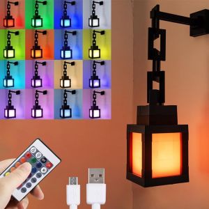 Pixelated Lantern Night Light LED 16 Colors Change Night Lamp for Mens Boys Girls -Rechargeable Night Mood Light with Touch Swi