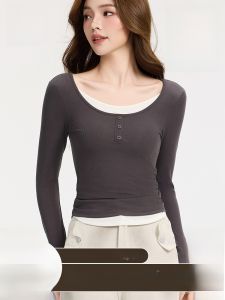 miiow | MiiOW Cat Person Lyrca Sleeveless Comfortable Breathable Basic Style Long Sleeve T-Shirt Fake Two-Piece Bralette Lightweight