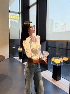 Áo Thun Tay Dài Ôm Vừa Vặn Thiết Kế Kiểu Pháp Pure Desire Ren Nơ Bướm Tay Dài Cổ Chữ V Cho Nữ Mùa Thu