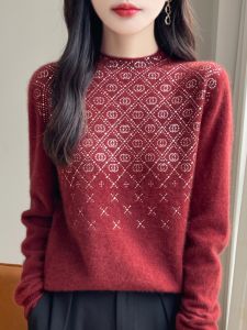 เสื้อแขนยาวผู้หญิง ผ้าถัก 100 ขนสัตว์ เสื้อสเวตเตอร์ เสื้อชั้นในประดับเพชร เรียบง่าย เสื้อเบส หลากหลาย เสื้อท่อนบน คอกลมครึ่งสูง