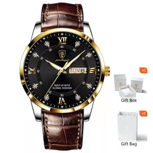 POEDAGAR Fashion Watch For Men Date Week Leather Male Wristwatch Waterproof Luminous Business Mens Quartz Watches Gift with Box
