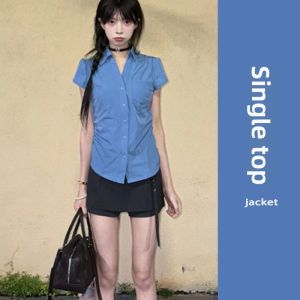 YUEZHONGWEI | Slim Fit Blue Short Sleeve Shirt Womens Summer Unique Beautiful Waist Cinched Fashionable Short Style Korean Version Polo Collar