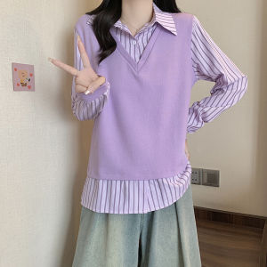 plus Size Womens Fashion College Style Striped Long Sleeve Shirt Patchwork Fake Two-Piece Sweatshirt Top Spring Autumn New Arrival