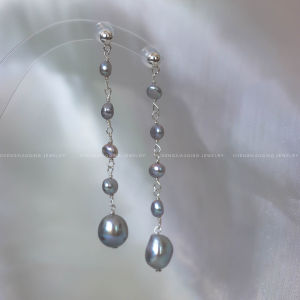 Grey Baroque Pearl Long Dangle Earrings Womens Pure Silver Ear Jewelry No Piercing Required Holiday Vibes Original Design