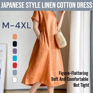 Japanese Style Linen Cotton Dress Solid Color Loose Mid-Length Dresses Simple Comfortable Breathable