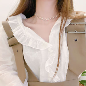 สร้อยคอสั้นดีไซน์หรูหราพร้อมรูปปุยลูกปัดและเพชรแบบโปร่งใสจาก Dongdaemun สไตล์เกาหลีสำหรับผู้หญิง