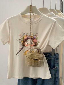 Brand Discount Womens Clothing Leak-Picking European Station Age-Reducing round Neck Short Sleeve T-Shirt Flowers Girl Slim Looking 100% Cotton Coat Tide