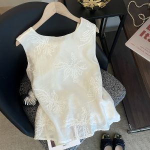 PAIBOLI | Beach Vacation Womens Sleeveless Vest Shirt Large Size Apricot Color French Unique Beautiful Design Summer Casual High Waist Loose Fit