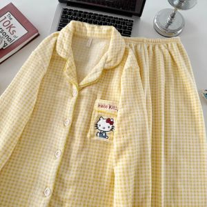 Winter Hello Kitty Plaid Print Pajamas Set Kawaii Cartoon New Pajamas Suit Warm Korean Sweet Y2K Plush Homewear Cute Sleepwear