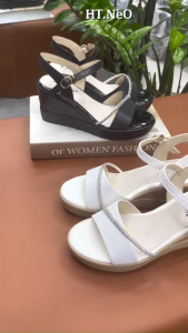 Giày Sandal Nữ Đế Xuồng HT.NEO Da Thật Cao Cấp  Thiết Kế Quai Ngang Kiểu Dáng Sang Trọng  Lịch Sự SD30 Giày Sandal Màu Đen Và Vàng Nhạt Giày Sandal Mở Mũi Dành Cho Mùa Hè - Lazada