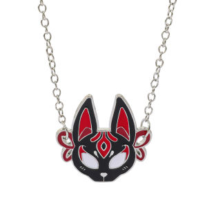 Japanese Fox Mask Enamel Necklace Anime Kitsune Pendant Silver Chain Jewelry for Men Women Cosplay Accessory