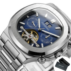 Forsining | Forsining Fashion Calendar Watch for Men Business Tourbillon Skeleton Automatic Mechanical Watches Stainless Steel Strap Clock
