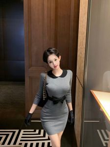 French Contrast Color Doll Collar Long Sleeve Womens Dress Autumn Winter Butterfly Knot Waist Cinched Short Skirt Bodycon
