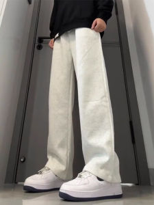 กางเกงกีฬาลำลองชายสไตล์อเมริกัน กางเกงขายาวทรงตรงหนา ผ้าขนแกะ ทรงหลวม ลายดอกไม้สีเทา ฤดูใบไม้ร่วง/ฤดูหนาว กางเกงขายาวทรงขากว้าง