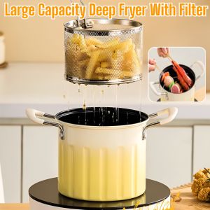 Induction Deep Fryer Pot Non-Stick Oil Pan With Strainer Tempura Pan Cooking Multi-Function Soup Pot Cookware